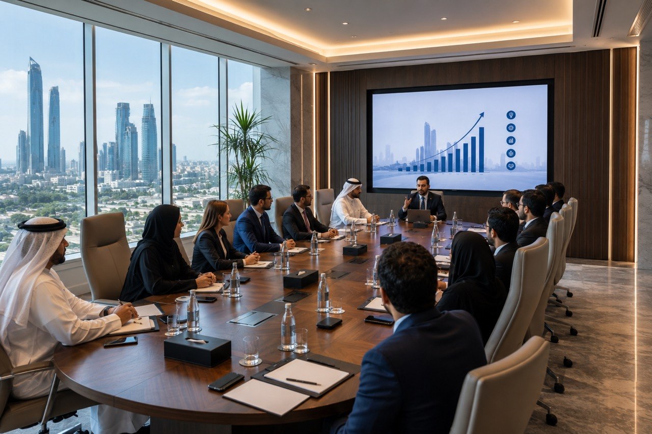 Corporate boardroom meeting during a brand film production
