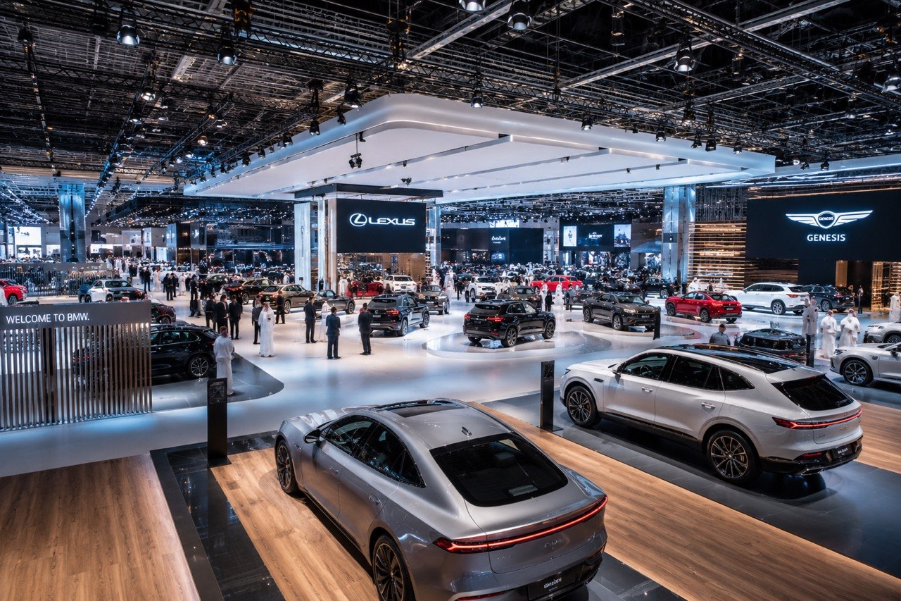 Luxury automotive exhibition floor with vehicles on display